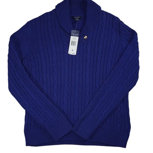 NWT Chaps Men’s Cable Knit Shawl Collar Sweater XL Royal Blue 100% Cotton - Picture 1 of 6